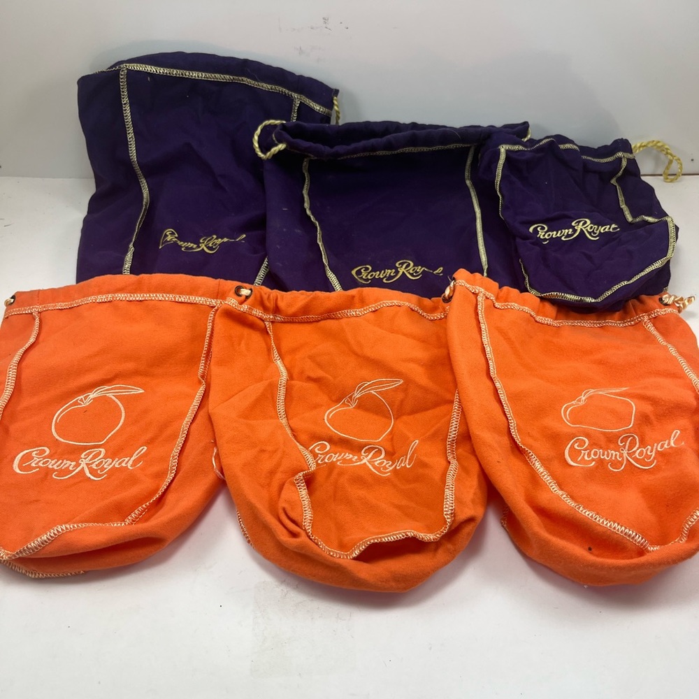 Mixed Lot of 6 Crown Royal Bags 3 Orange and 3 Purple